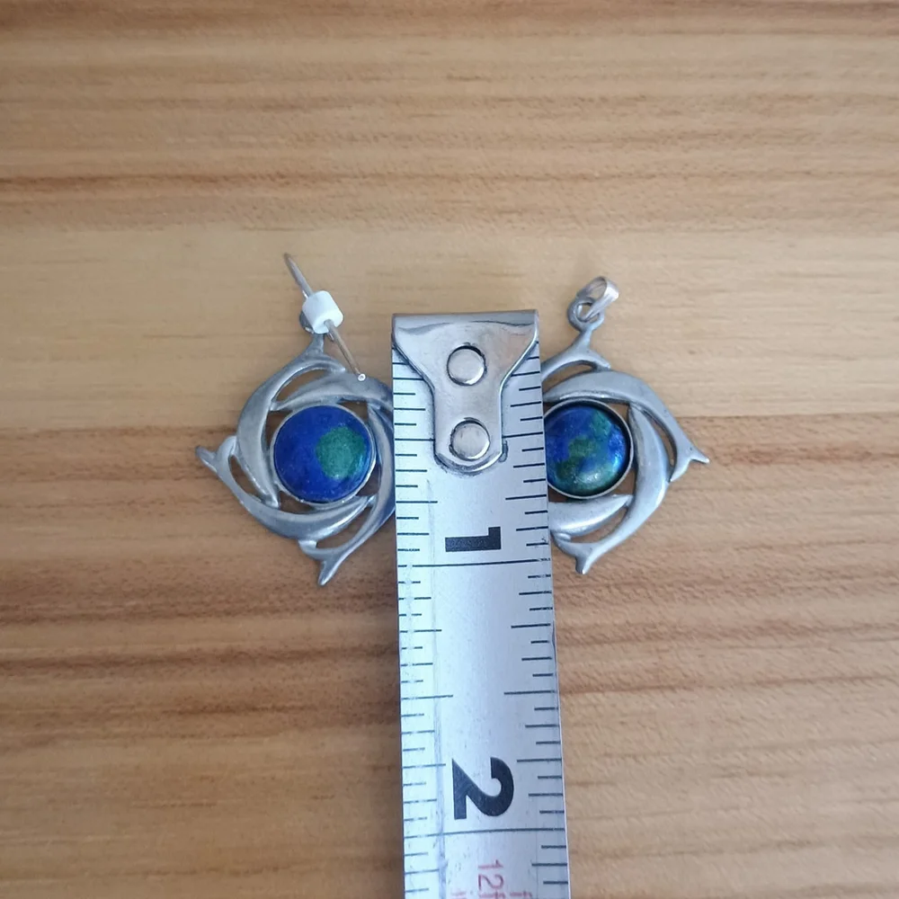 Kenneth Kantro Hand Signed Swirling Dolphins Pewter Malachite Pendant & Earrings